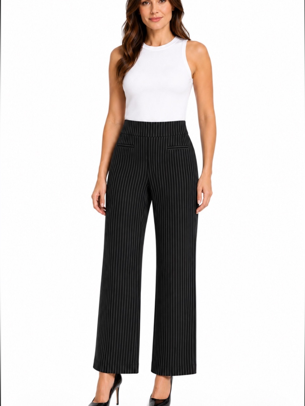APT. 9 Brynn Black Pinstripe Wide Waistband Pullon Boocut Pants 10 NWOT